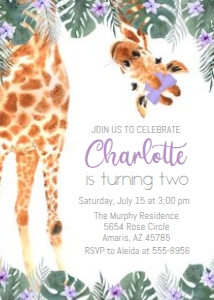 Giraffe - Leaves Purple Flowers - Invitation design preview