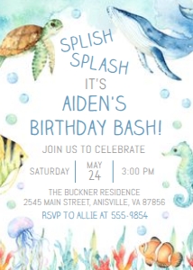 Ocean Splish Splash Blue - Birthday Invitation design preview