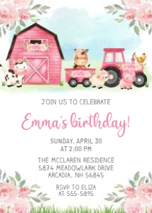 Farm Animals Tractor  Barn 2 - Pink - Birthday Invitation: Farm Animals Pink Flowers - Birthday Invitation