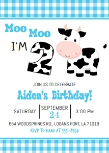 Moo Moo I'm Two Blue - Cow Invitation: Moo Moo I'm Two - Cow Blue