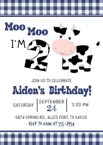 Moo Moo I'm Two Navy - Cow Invitation: Moo Moo I'm Two Cow Navy - Birthday Invitation