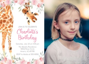 Giraffe Pink Flowers - Photo Invitation design preview
