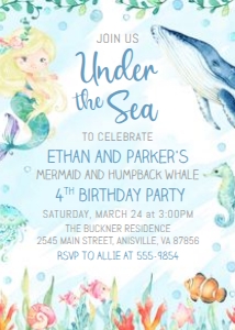 Custom Mermaid Whale Invitation: Mermaid and Whale Under the Sea Birthday Invitation