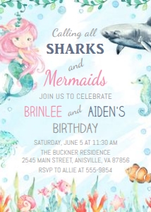 Sharks and Mermaid Birthday Invitation Pink: Sharks and Mermaid Pink Birthday Invitation