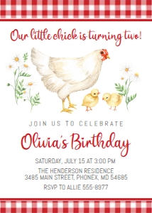 Chicken Daisy Red Gingham Birthday Invitation design preview