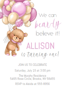 Bear-ly Believe Girl Birthday Invitation design preview