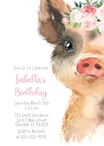 Piglet Flowers Minimal Birthday Invitation design preview