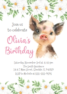 Pig Daisies Birthday Invitation design preview