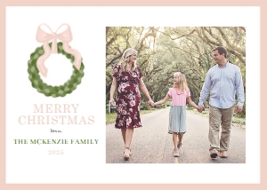 Boxwood Wreath Pink Horizontal Photo Card design preview