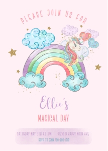 Birthday Rainbow Unicorn 001 Invitation: Birthday Magical Rainbow Invitation and Thank You Tag