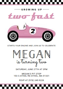Girl Racing Two Fast Birthday Invite design preview
