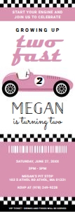 Race Car Two Fast Birthday Ticket Invite (Pink) design preview