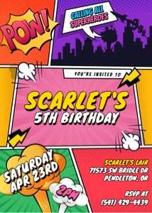 Superhero Comic Birthday Pink Invite: Superhero Comic Birthday Pink Invite
