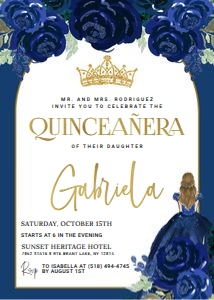 Quinceañera Floral Navy Blue Gold Invitation (V3): Quinceañera Floral Navy Blue Gold Invitation