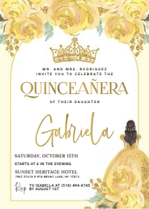 Quinceañera Floral Yellow Gold Invitation (V1): Quinceañera Floral Yellow Gold Invitation