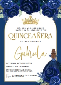 Quinceañera Floral Navy Blue Gold Invitation (V1): Quinceañera Floral Navy Blue Gold Invitation
