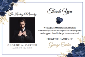 Funeral Thank You Card Blue Rose (Blue Border): Funeral Thank You Card Blue Rose