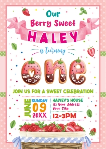One Strawberry Birthday Invitation design preview