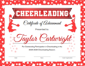 Cheerleading Certificate Red design preview