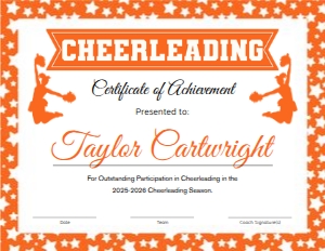 Cheerleading Certificate Orange design preview