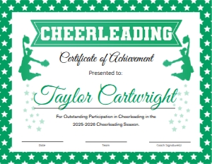 Cheerleading Certificate Green design preview