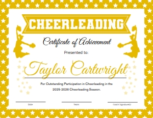 Cheerleader Certificate Yellow - US Letter 8.5x11 Inches: Cheerleading Certificate Yellow
