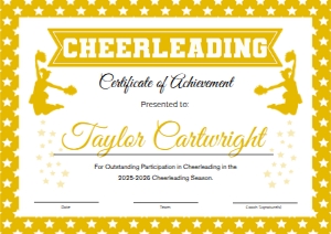 Cheerleader Certificate Yellow - UK A4 297mm x 210mm: Cheerleading Certificate Yellow