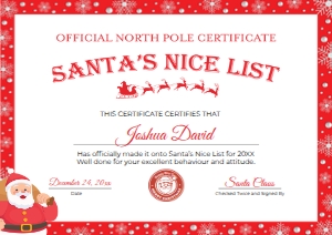 Nice List Certificate Version 3 - UK A4 297mm x 210mm: Nice List Certificate Version 3