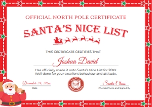 Nice List Certificate Version 6 - UK A4 297mm x 210mm: Nice List Certificate Version 6