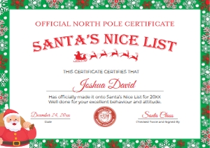 Nice List Certificate Version 5 - UK A4 297mm x 210mm: Nice List Certificate Version 5