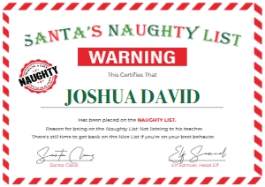 Naughty List Certificate Version 1 - UK A4 297mm x 210mm: Naughty List Certificate Version 1