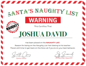 Naughty List Certificate Version 1 - US 8.5x11 Inches: Naughty List Certificate Version 1