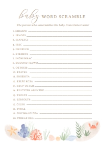 Baby Shower Word Scramble - Under the Sea - 1002: Baby Shower Games - Under the Sea - 1002