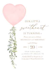 Birthday Invitation - Pink Heart Balloon (Little Sweetheart) design preview