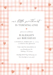 Birthday Invitation - Pink Gingham Hearts (Little Sweetheart) design preview