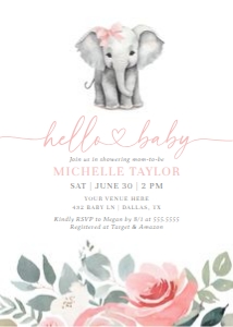 Baby Shower Invitation - Baby Elephant (Pink Floral) design preview