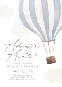 Birthday Invitation - Adventure Awaits (Blue Hot Air Balloons) design preview