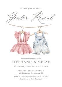 Gender Reveal Invitation - Pink and Blue Baby Clothes - 1086: Gender Reveal Invitation - Pink and Blue Baby Clothes