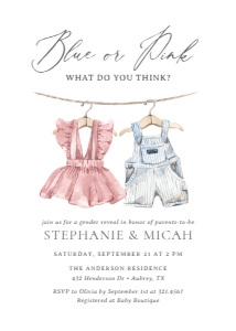 Gender Reveal Invitation - Pink and Blue Baby Clothes (Blue or Pink Text): Gender Reveal Invitation - Pink and Blue Baby Clothes (Blue or Pink, What Do You Think?)