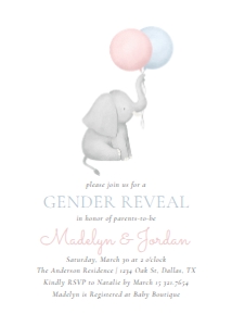 Gender Reveal Invitation - Elephant with Balloons: Gender Reveal Invitation - Elephant with Balloons