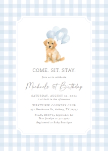Birthday Invitation - Blue Gingham Golden Retriever design preview