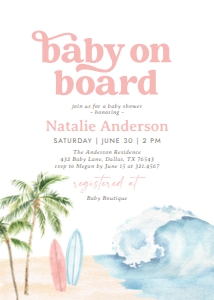 Baby Shower Invitation - Baby on Board (Pink Surfboard) design preview