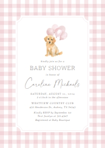 Baby Shower Invitation - Pink Golden Retriever - 1114: Baby Shower Invitation - Pink Gingham Golden Retriever