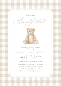 Baby Shower Invitation Suite - Neutral Gingham Teddy Bear - 1129 design preview