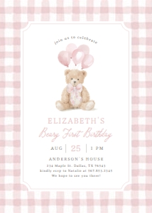 Birthday Invitation - Teddy Bear (Pink Gingham) design preview