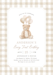 Birthday Invitation - Neutral Gingham Teddy Bear design preview