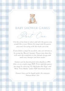 Baby Shower Games - Blue Gingham Teddy Bear - 1127 design preview