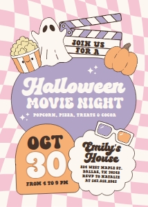 Halloween Party Invitation - Halloween Movie Night (Pink Checker) design preview