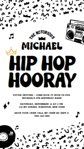 Hip Hop Hooray Birthday Invitation | Mobile 1080x1920px: Hip Hop Hooray Birthday Invitation
