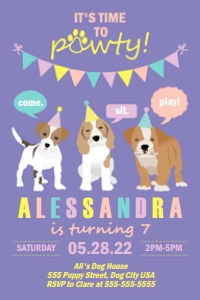 PWL25 4x6 PURPLE INVITE: Puppy Party Invite Purple